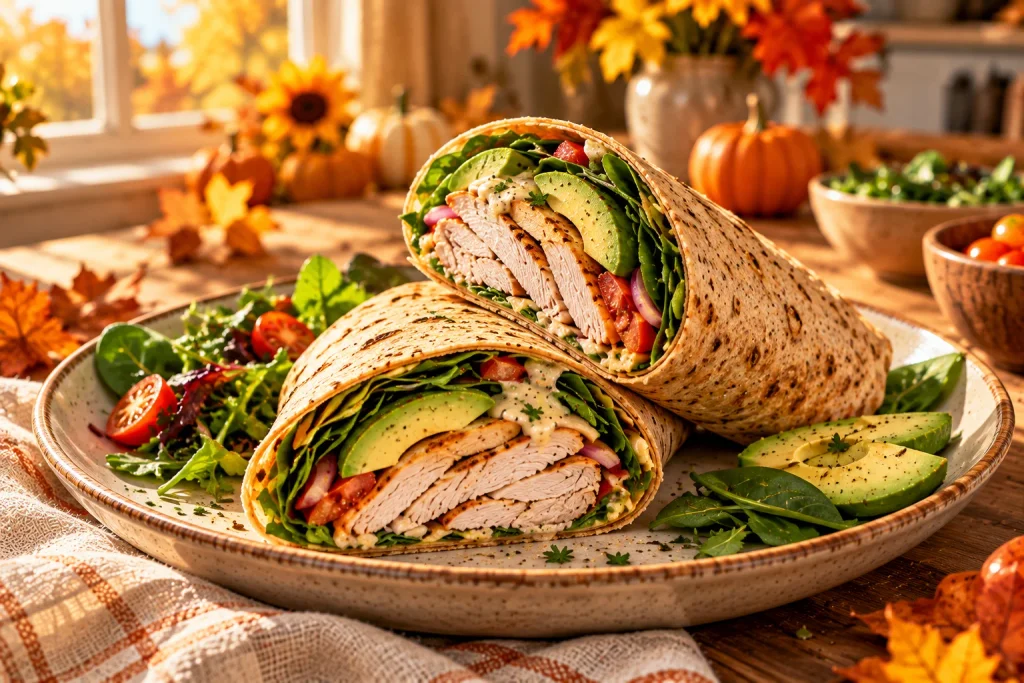 Whole-wheat turkey and avocado wrap with sliced tomato, spinach, and lean turkey breast.