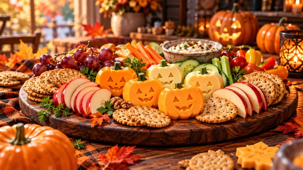 Pumpkin-shaped cheese with whole-grain crackers, apples, grapes, and vegetables for Halloween.