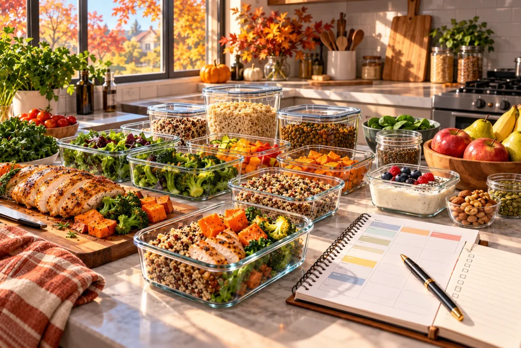 Healthy fall meal prep ingredients organized in reusable containers in a modern kitchen