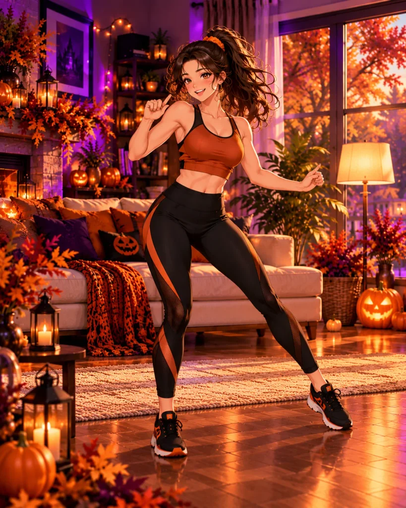 Woman enjoying a playful Halloween dance freestyle workout in a cozy fall living room.