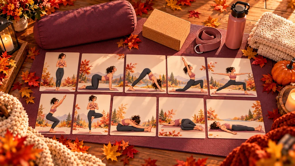 Fall yoga routine checklist featuring 10 beginner-friendly yoga poses and wellness accessories.