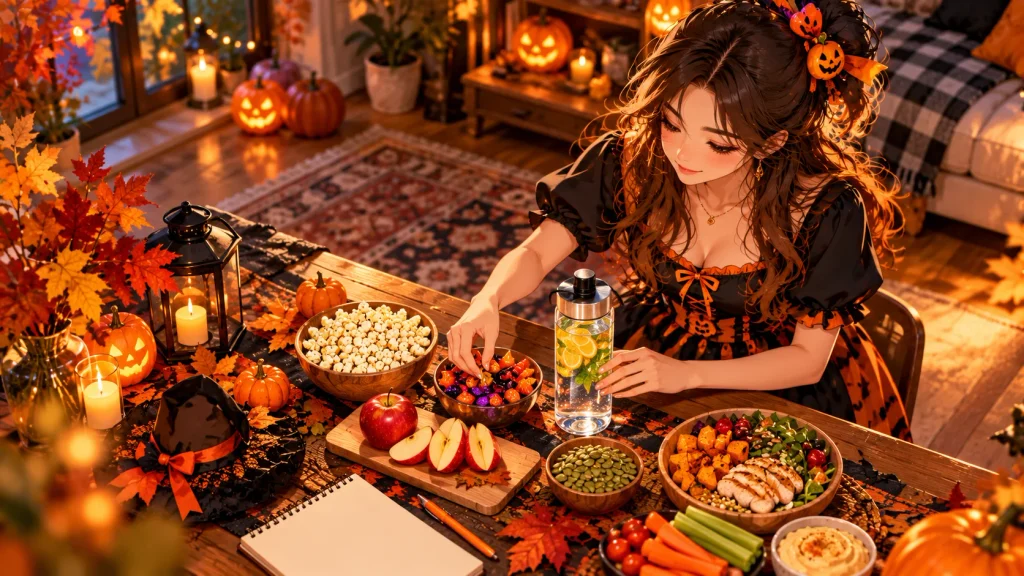 Anime-style Halloween party preparation with water, balanced snacks, candy, and a wellness checklist.