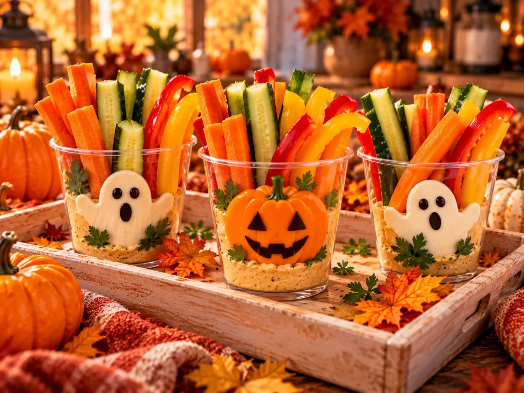 Individual Halloween hummus cups served with carrot, cucumber, and bell pepper sticks.