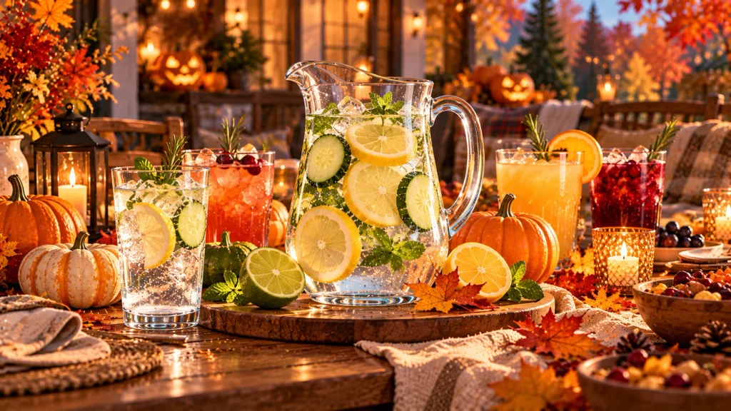 Citrus-infused water beside colorful seasonal party beverages on a decorated Halloween table.