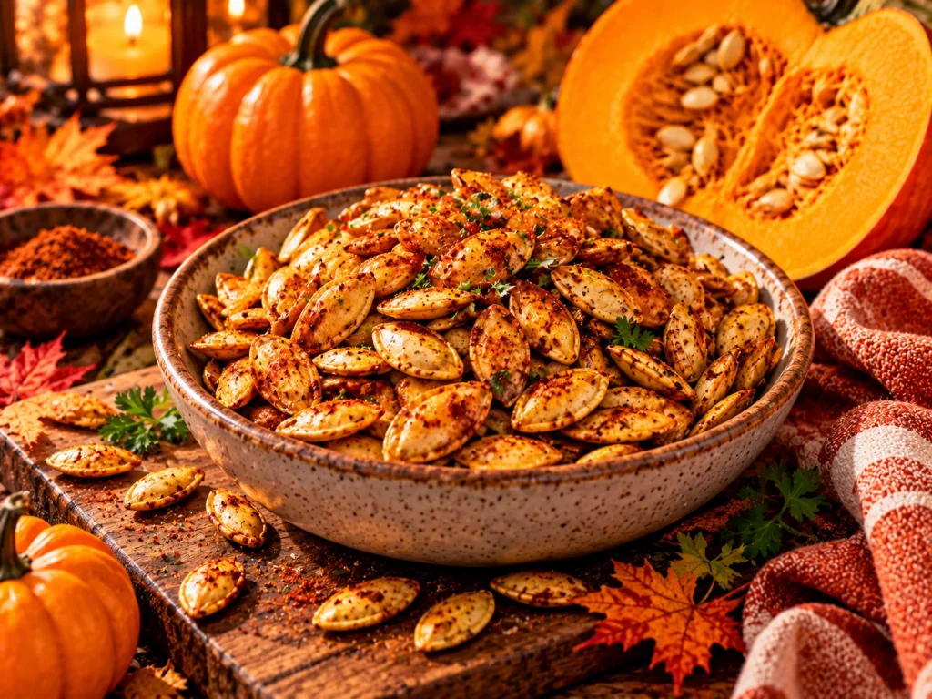 Bowl of roasted pumpkin seeds seasoned with paprika and herbs on a cozy autumn Halloween table.