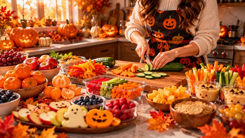 American kitchen scene preparing fruit and vegetable Halloween snacks for an October gathering.