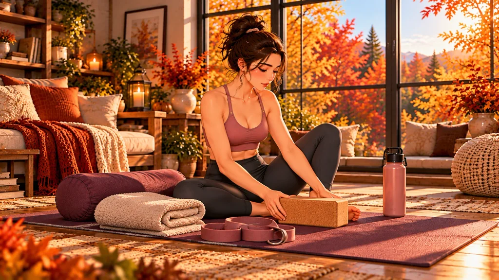 Beginner preparing for a comfortable yoga practice with blocks, strap, cushion, and mat.