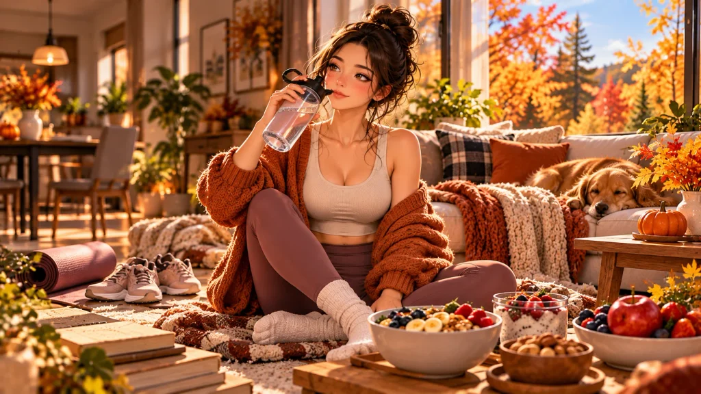 Woman drinking water during a cozy American fall wellness routine