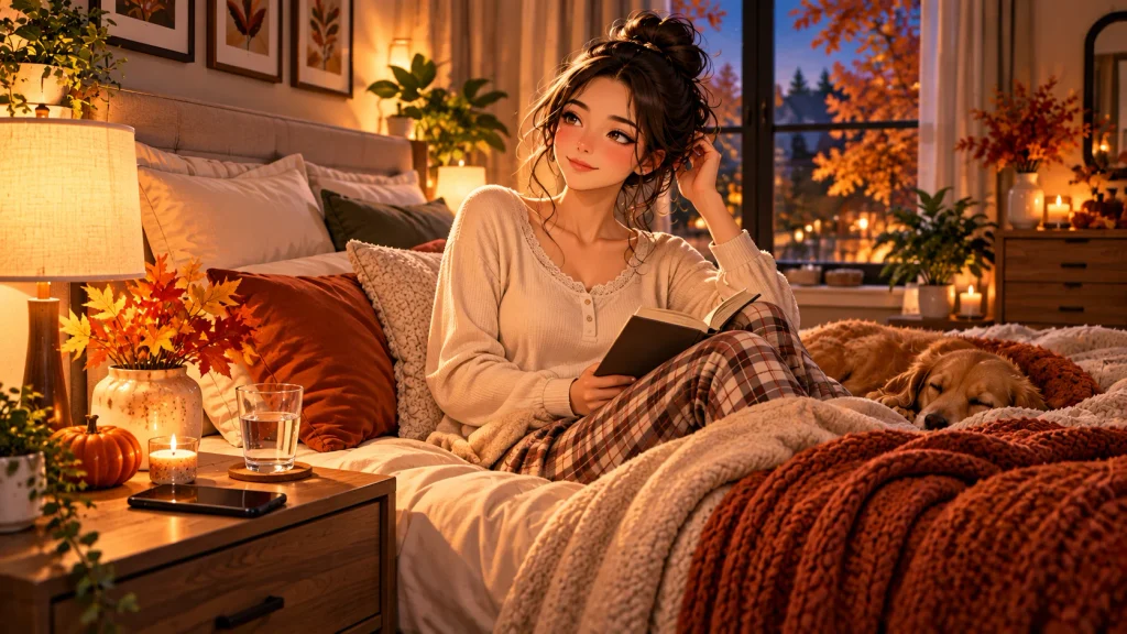 Cozy fall bedroom showing a consistent sleep routine for pre-Halloween wellness