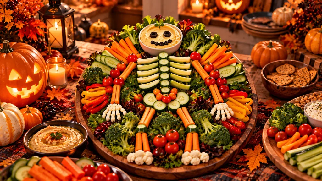 Halloween veggie skeleton platter made with carrots, cucumbers, peppers, broccoli, tomatoes, and dip.