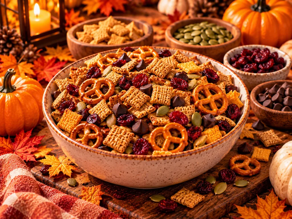 Halloween trail mix made with whole-grain cereal, pretzels, dried cranberries, pumpkin seeds, and chocolate pieces.
