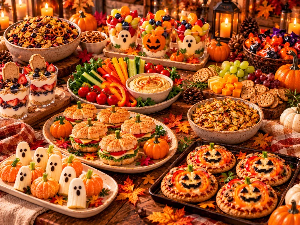 Halloween party food table with fruit, vegetable platters, hummus, cheese crackers, mini pizzas, and yogurt desserts.