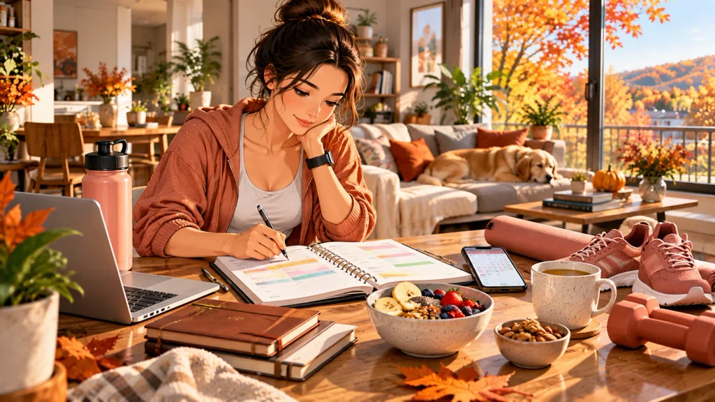 Busy person creating a simple fall wellness routine at home