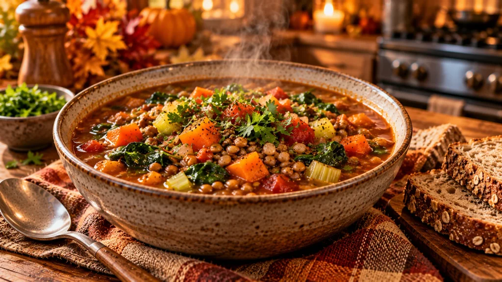 Lentil and vegetable soup with carrots, celery, tomatoes and spinach for a healthy fall meal.