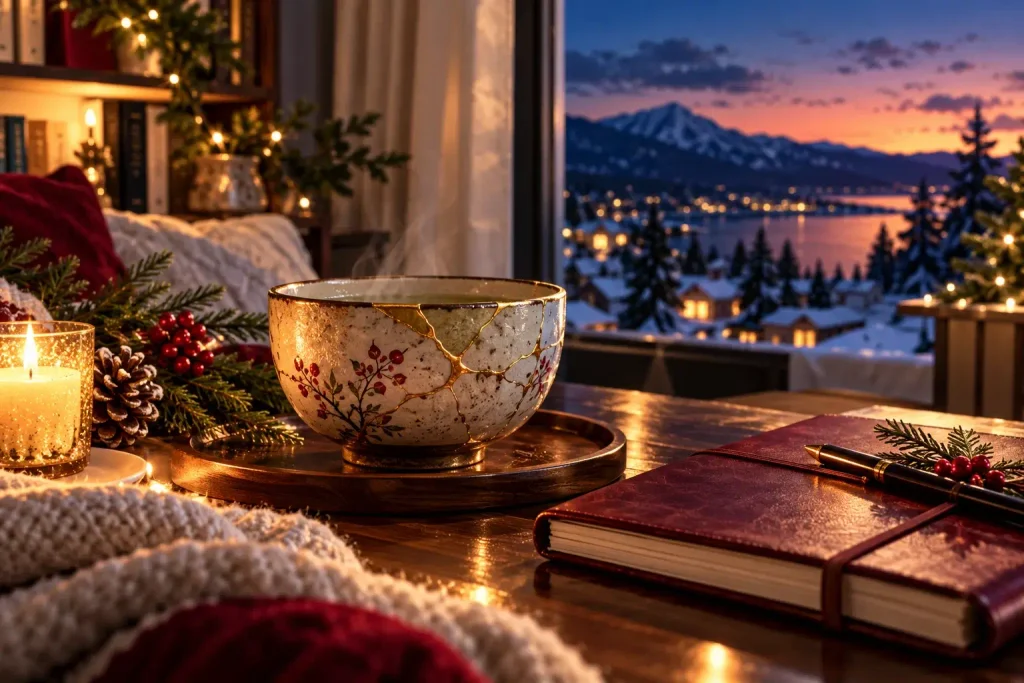 Gold-repaired Japanese tea bowl beside a journal and candle in a peaceful winter setting.