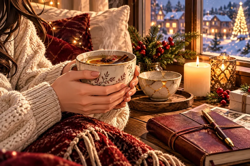 Cozy anime-style scene of hands holding a warm tea cup beside a candle in winter light.