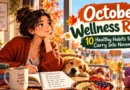 October wellness reset with healthy fall foods, water, journal, workout clothes and cozy autumn home setting