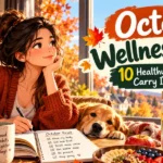 October wellness reset with healthy fall foods, water, journal, workout clothes and cozy autumn home setting