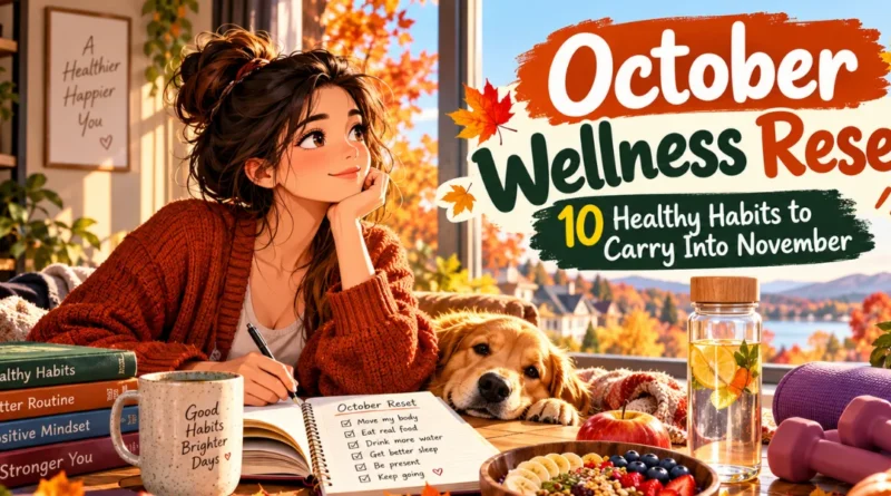 October wellness reset with healthy fall foods, water, journal, workout clothes and cozy autumn home setting