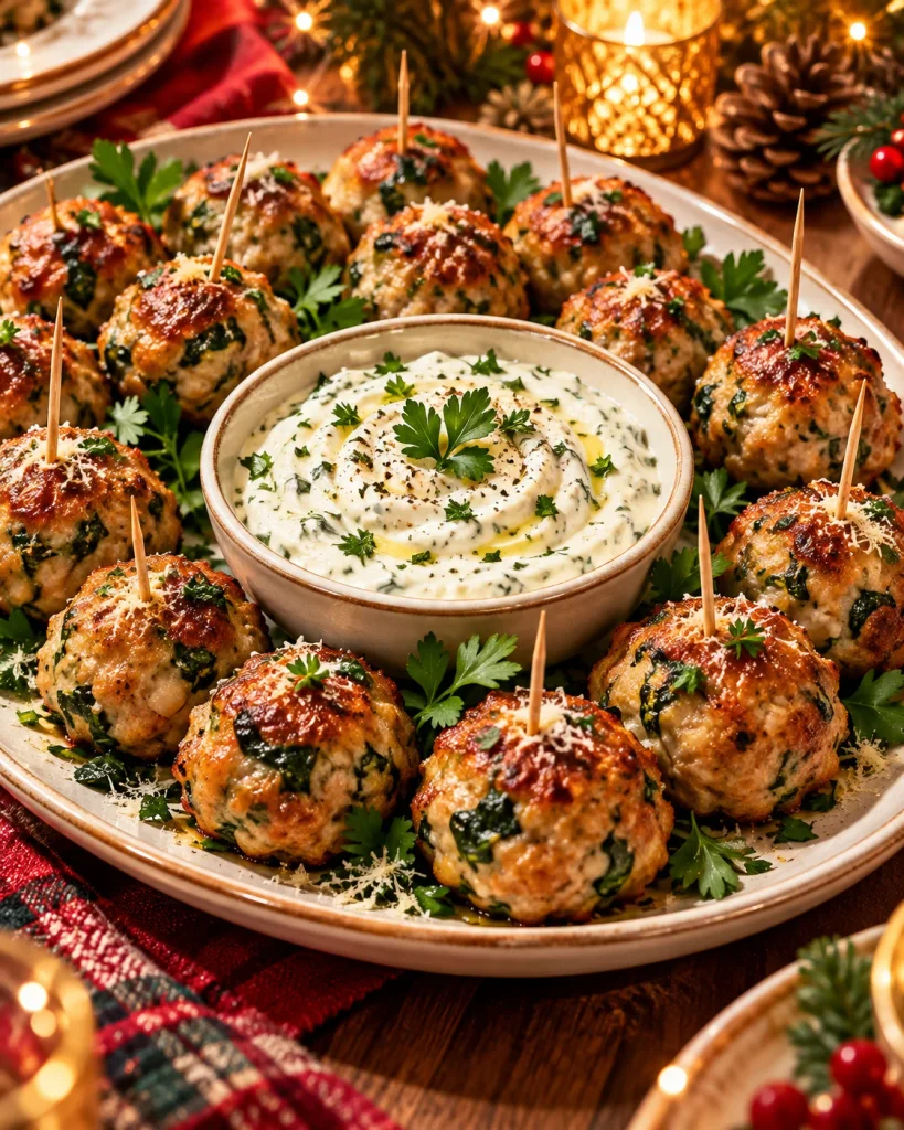 Baked turkey meatballs with spinach, herbs, and Greek yogurt dipping sauce.