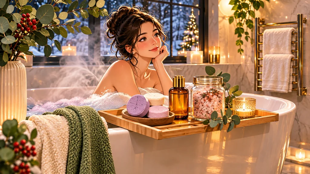 Bath and shower self-care gifts for women featuring shower steamers, fluffy towels, body oil, and an elegant bathtub tray.