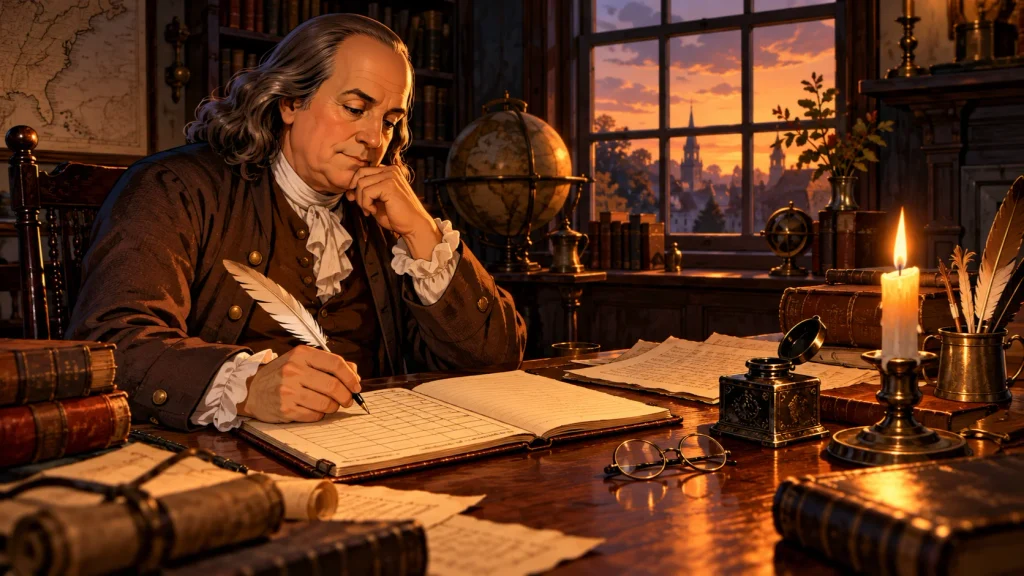 Historical anime-style illustration of an eighteenth-century writing desk with a quill, open journal, parchment, and candlelight, inspired by Benjamin Franklin’s self-improvement experiment.