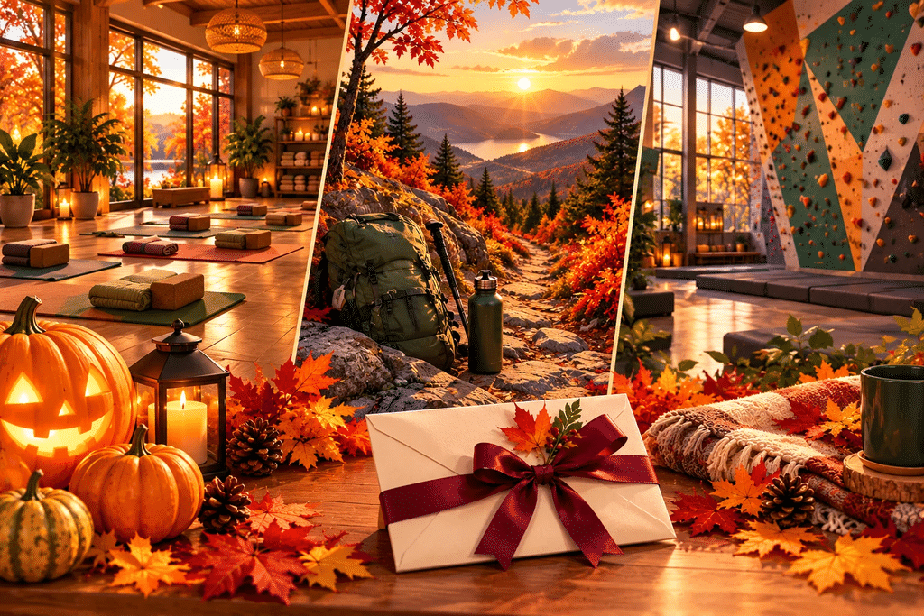 Fitness experience gift concept featuring a yoga studio, outdoor hiking trail, and class gift card.