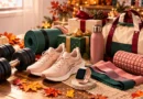 Fitness gifts for women featuring a yoga mat, dumbbells, running shoes, smartwatch, and holiday gift boxes.