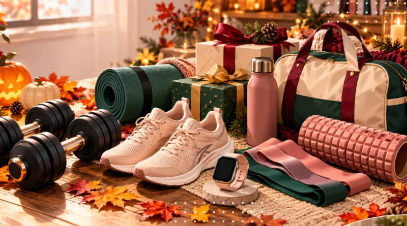 Fitness gifts for women featuring a yoga mat, dumbbells, running shoes, smartwatch, and holiday gift boxes.