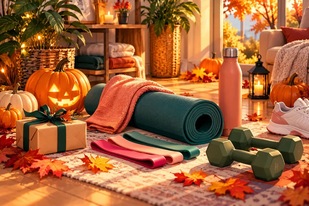 Beginner fitness gifts featuring resistance loop bands, a yoga mat, light dumbbells, and a water bottle.