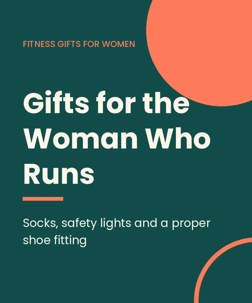 Running and walking gifts featuring athletic shoes, technical running socks, a reflective vest, and a safety light.