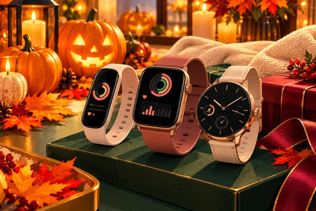 fitness wearable gift ideas featuring a smartwatch, fitness band, and minimalist hybrid watch.