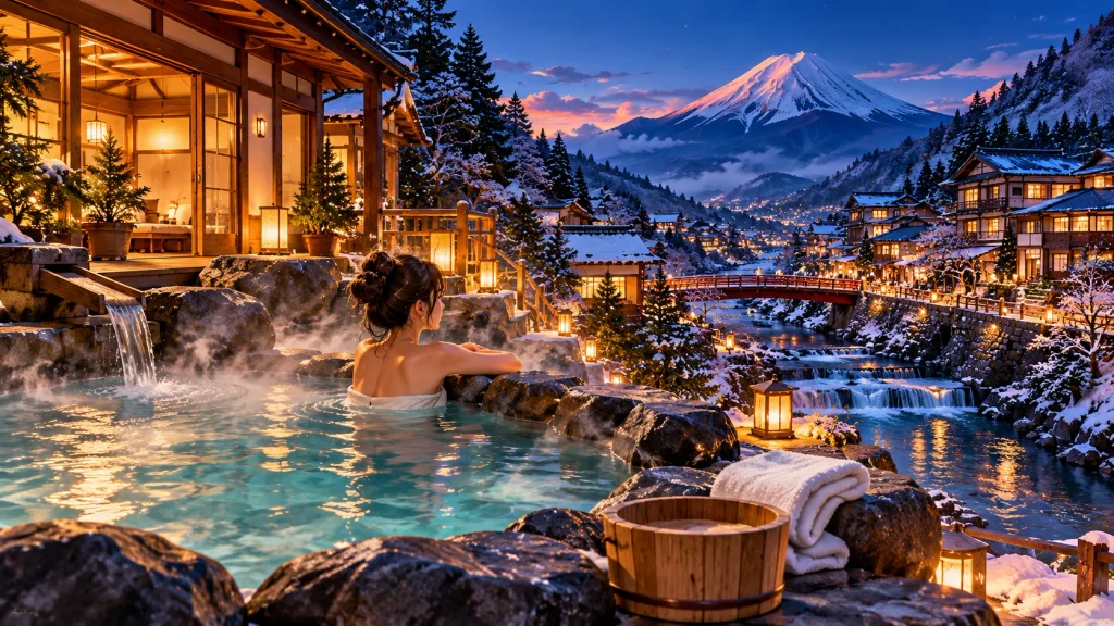 Anime-style Japanese hot spring landscape featuring a traditional ryokan, steaming outdoor bath and distant Mount Fuji scenery.