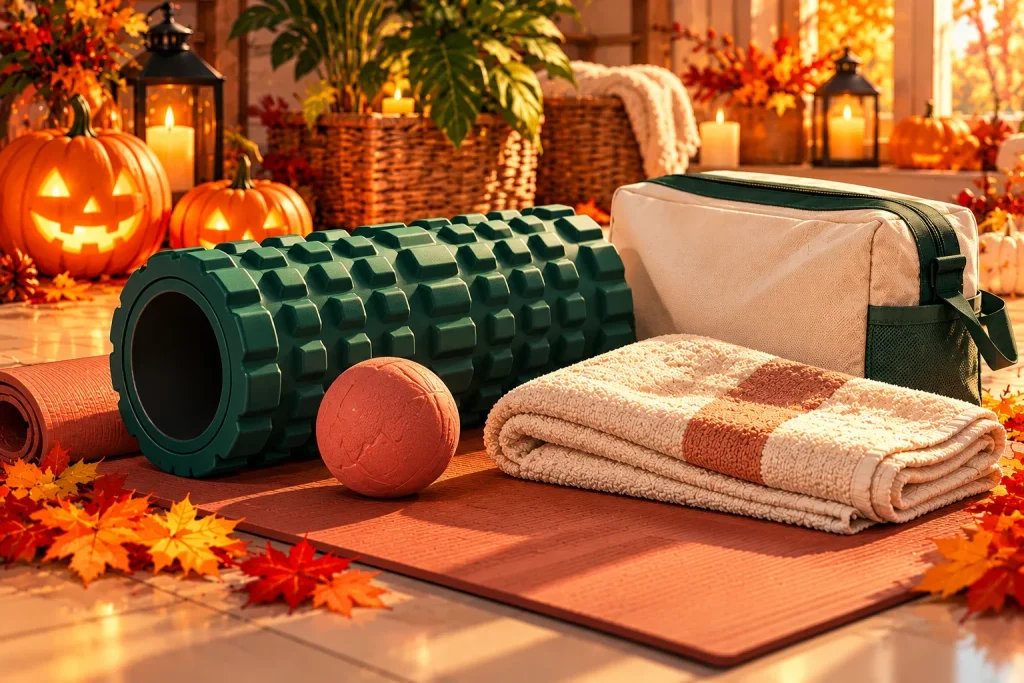 Workout recovery gift ideas featuring a foam roller, massage ball, and neatly folded exercise towel.