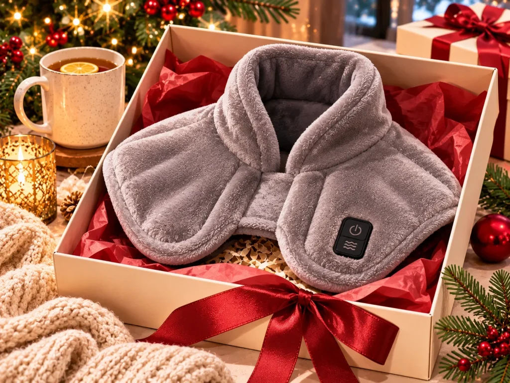 Soft heated neck-and-shoulder wrap presented in a cream gift box with a cranberry ribbon.