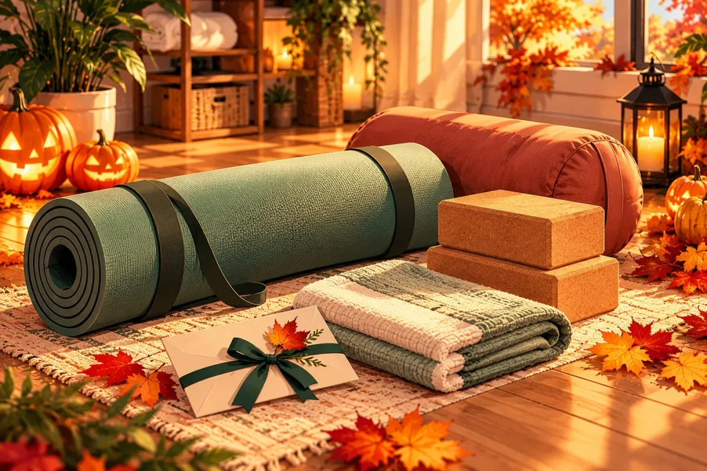 Yoga and Pilates gift ideas featuring a non-slip exercise mat, cork blocks, a mat towel, and a bolster.