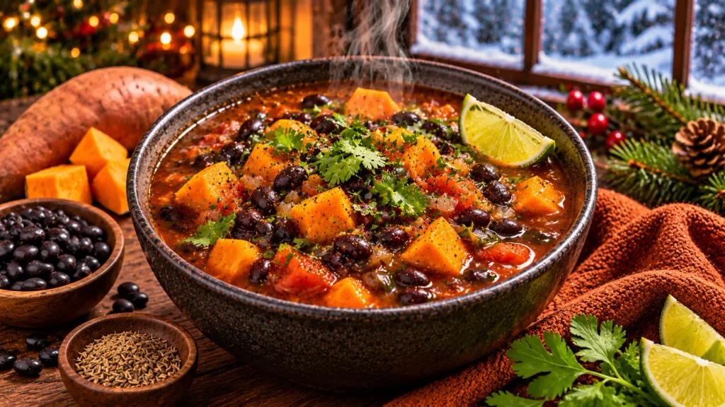 Black bean and sweet potato soup with tomatoes, cumin, lime, and cilantro.