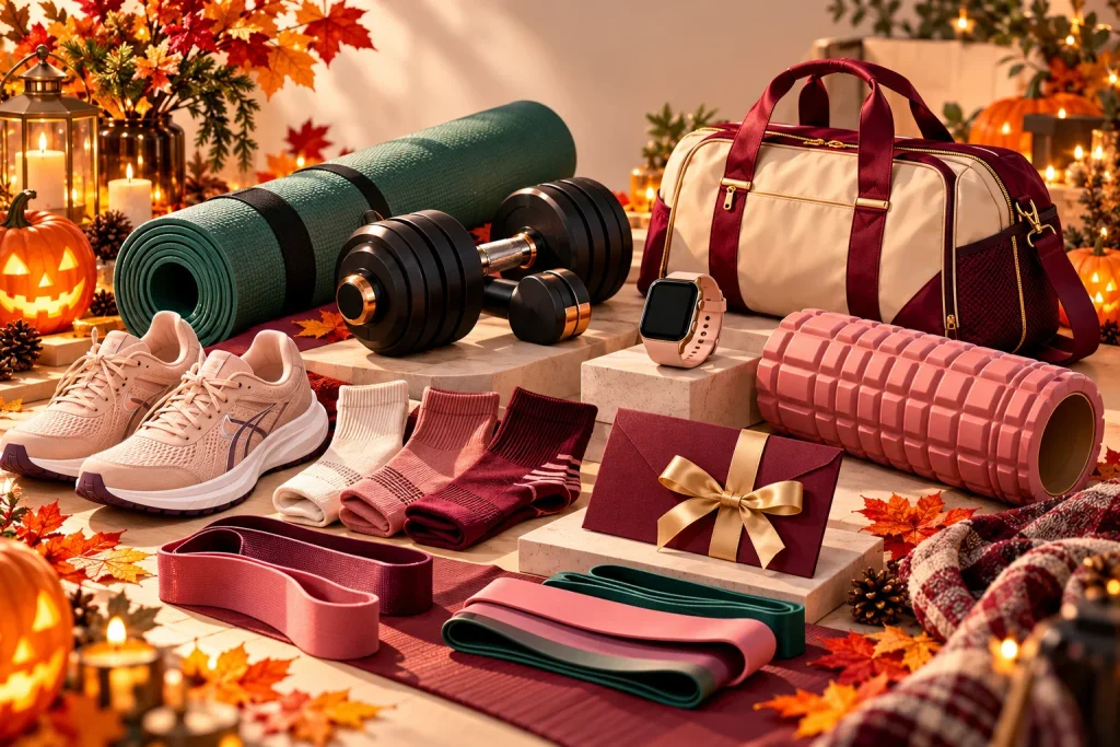 A curated collection of fitness gift ideas for women including resistance bands, running shoes, a smartwatch, and workout equipment.