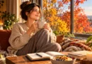 Cozy fall self-care routine with tea, journal, healthy breakfast and autumn foliage during a slow weekend