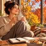 Cozy fall self-care routine with tea, journal, healthy breakfast and autumn foliage during a slow weekend