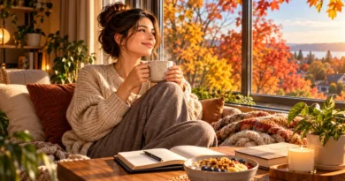 Cozy fall self-care routine with tea, journal, healthy breakfast and autumn foliage during a slow weekend