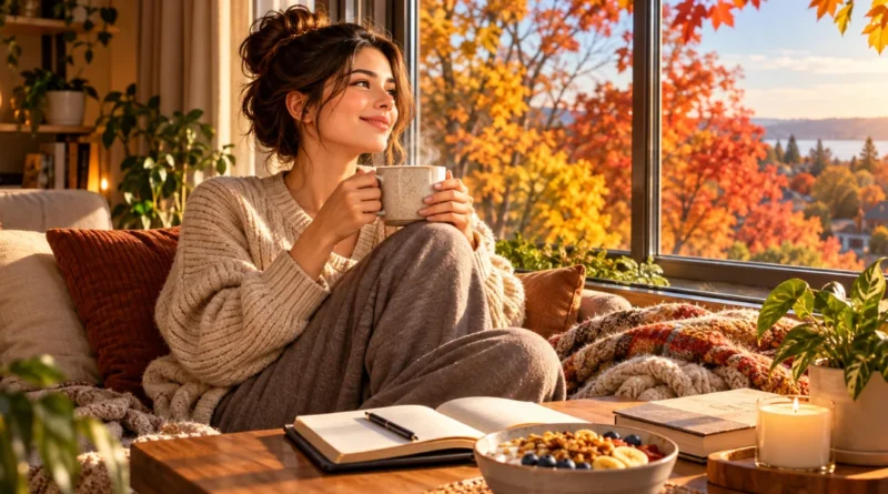Cozy fall self-care routine with tea, journal, healthy breakfast and autumn foliage during a slow weekend