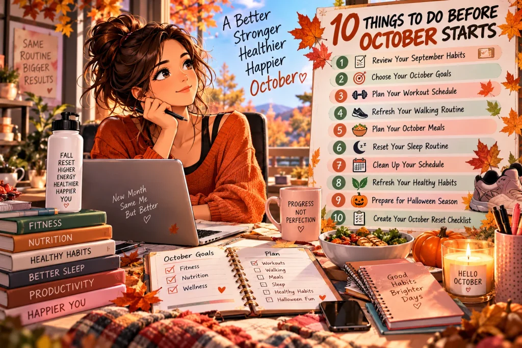 October reset checklist with fall fitness, healthy habits, meal planning, and wellness goals.