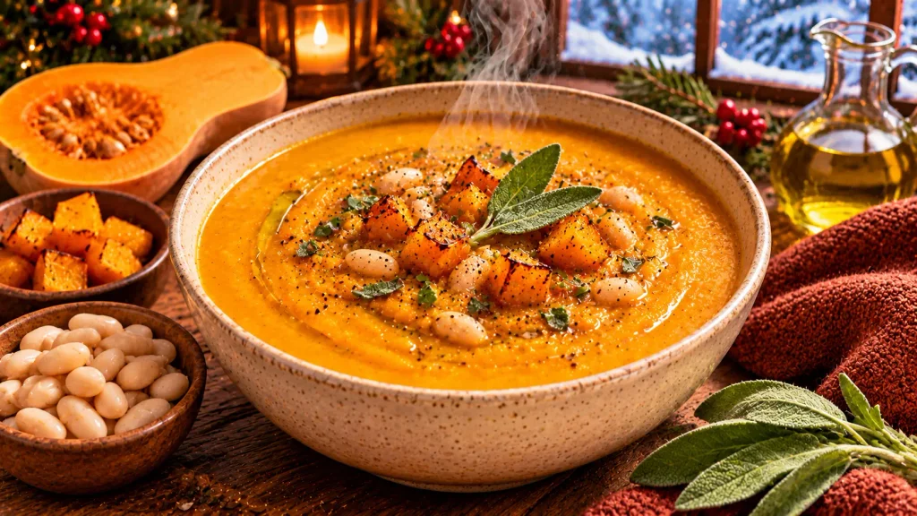 Creamy butternut squash and white bean soup with sage and roasted squash.