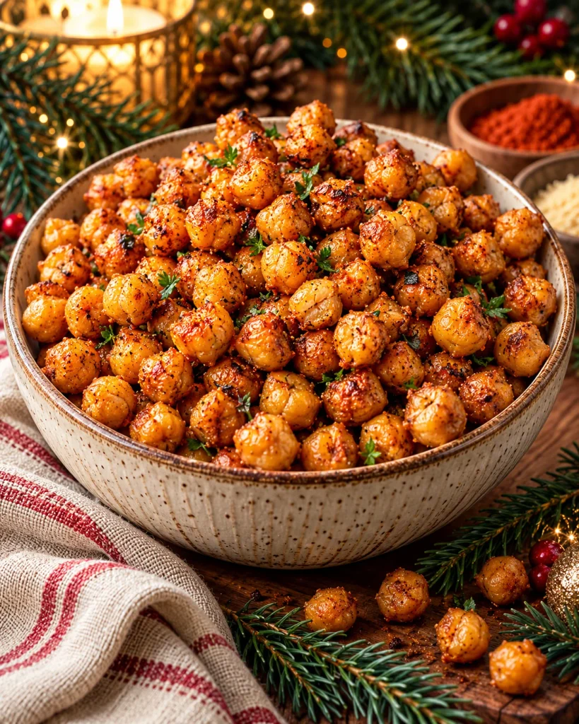 Crispy roasted chickpeas seasoned with smoked paprika, cumin, garlic powder, and olive oil.