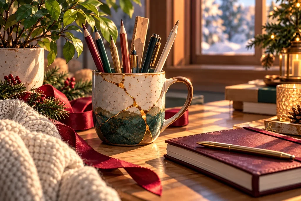 Repaired ceramic mug used as a pencil holder on a warm minimalist home office desk.
