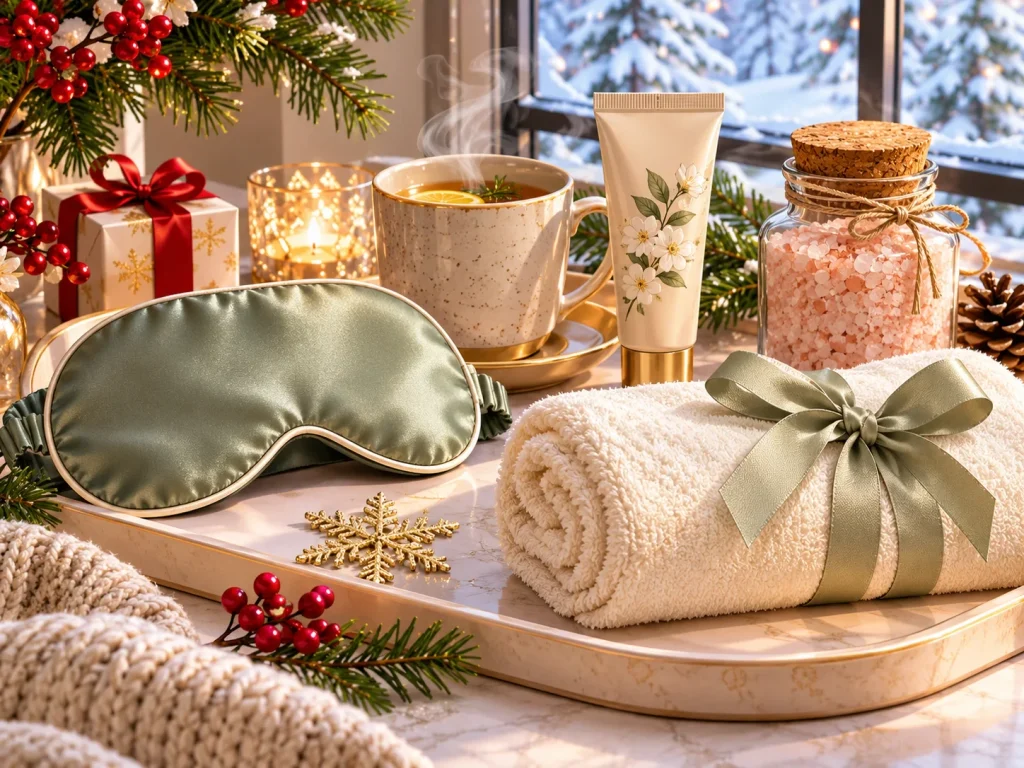 Hand cream, tea mug, sleep mask, and bath products arranged on a neutral surface for a self-care gift guide.