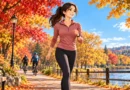 Beginner doing a brisk low-impact walk on an autumn park trail during a fall cardio workout.