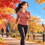 Beginner doing a brisk low-impact walk on an autumn park trail during a fall cardio workout.