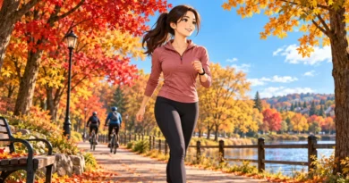 Beginner doing a brisk low-impact walk on an autumn park trail during a fall cardio workout.